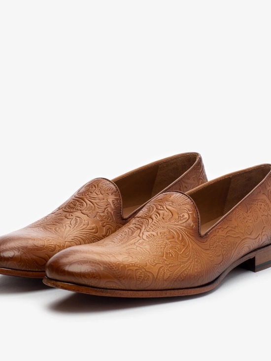 TAFT Mens Embossed Floral Leather Loafers Cognac Tan Handmade Spain EU 40.5 main image 7